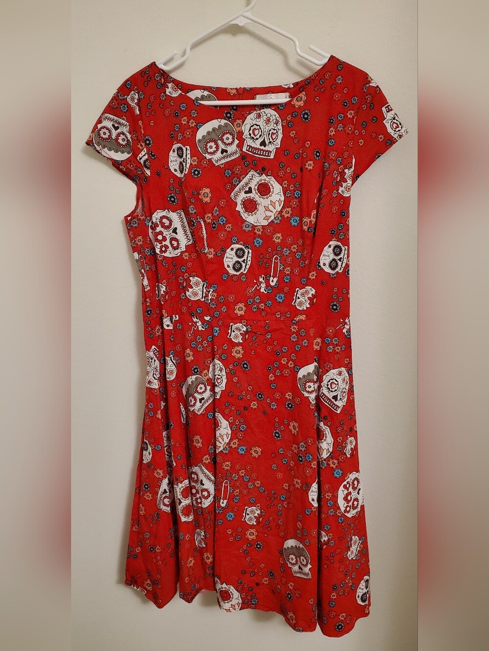 Red Sugar Skull Fit-and-Flare Dress Rockabilly Women's Size 2XL Day Of The Dead